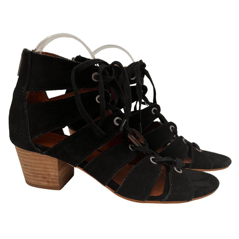 Lucky Brand Black Genevieve Suede Lace Up Sandals Size 8